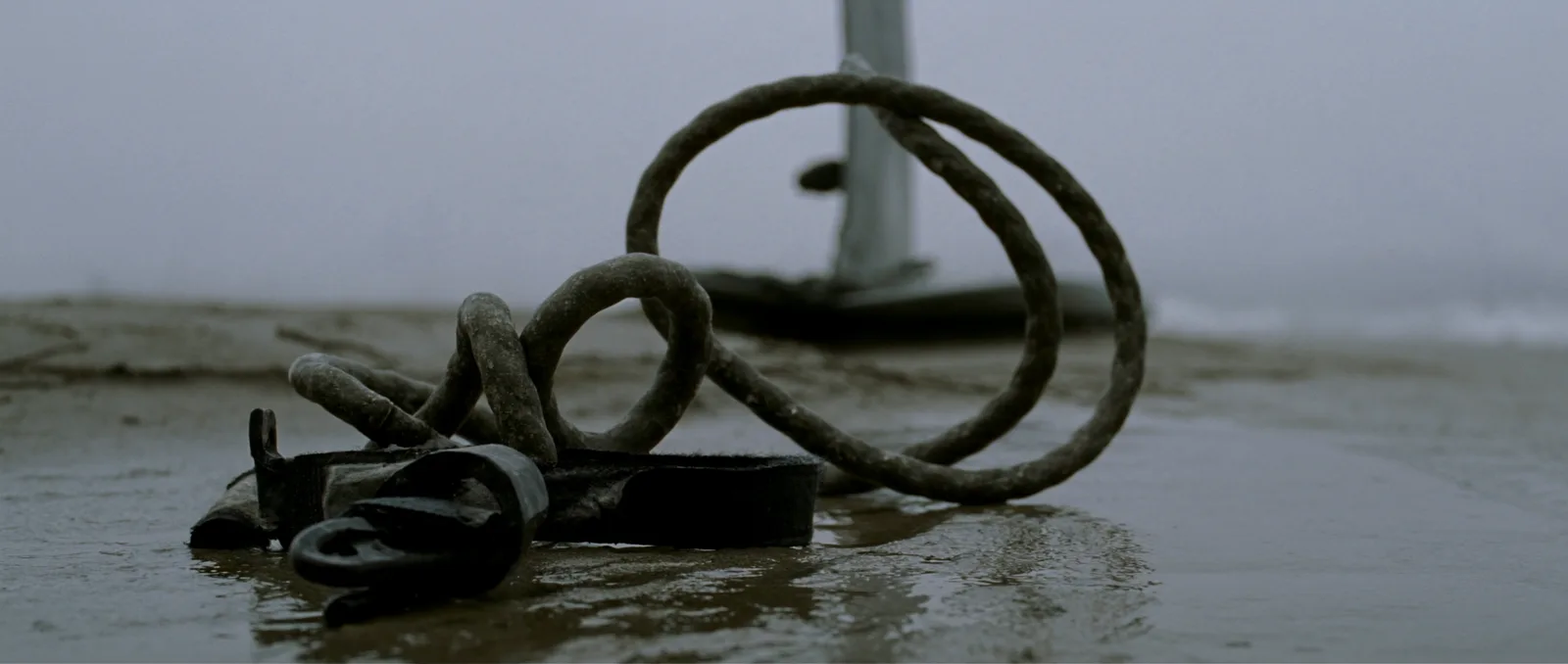 Surfboard leash length — a coiled leash and ankle cuff attached to the tail of a surfboard